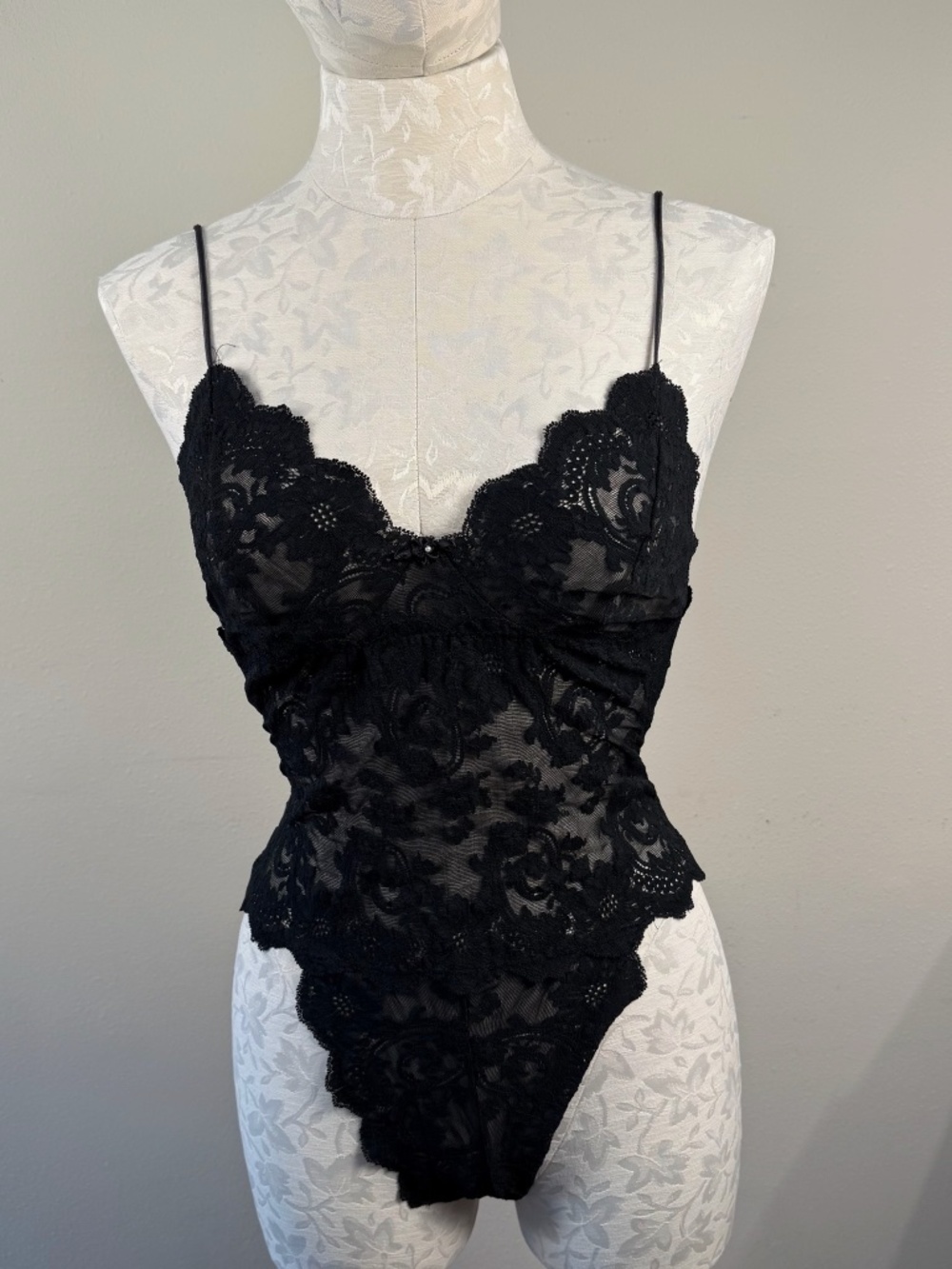 Vintage Hanky Panky Stretchy Black Lace Teddy/bodysuit M